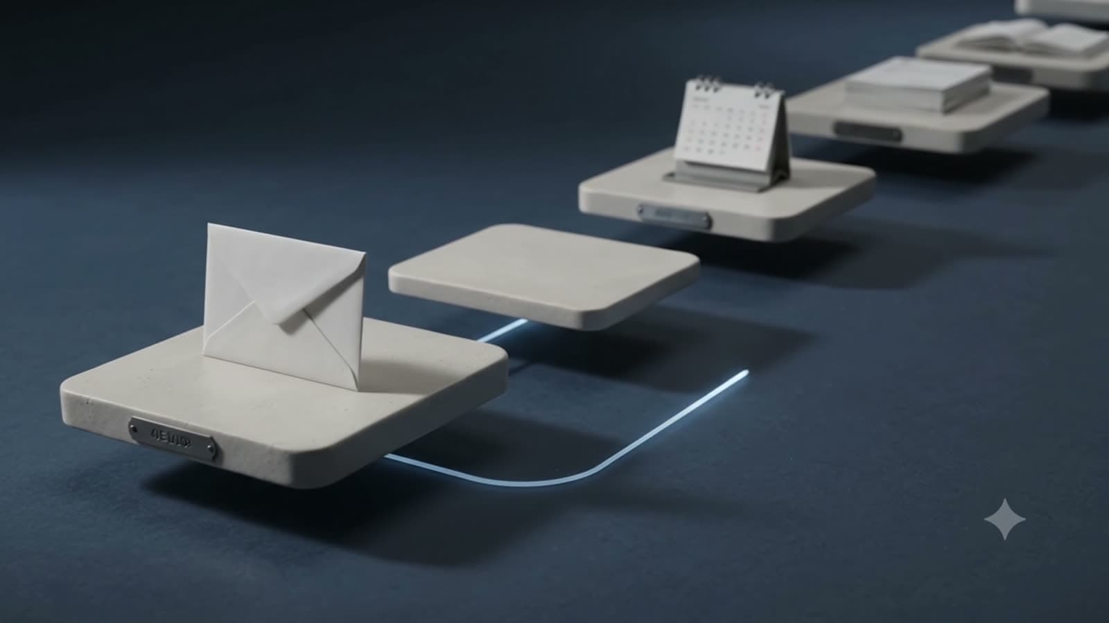 An engraved brass plaque and floating ceramic platforms lit by a single flowing line of light
