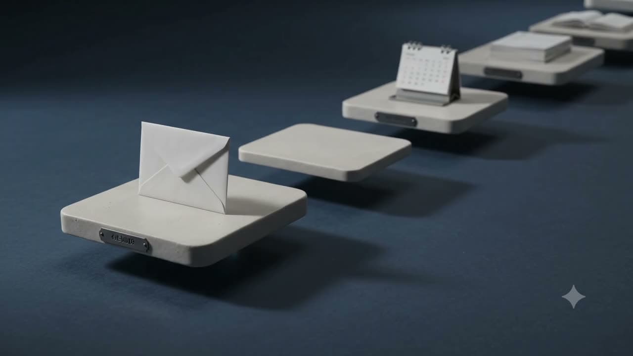 A crisp white envelope standing on a floating ceramic platform with an engraved plaque