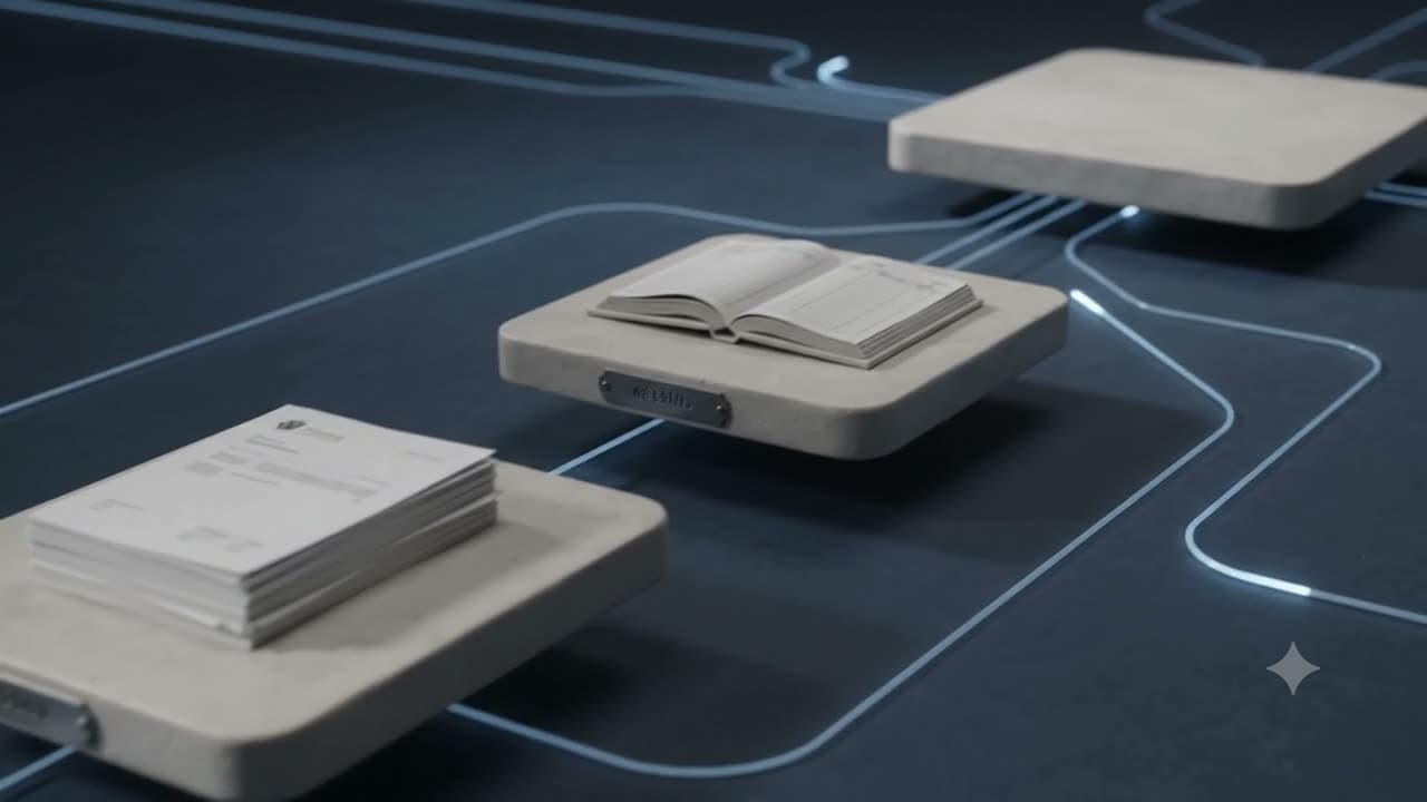 Stacks of documents and an open ledger on floating ceramic platforms