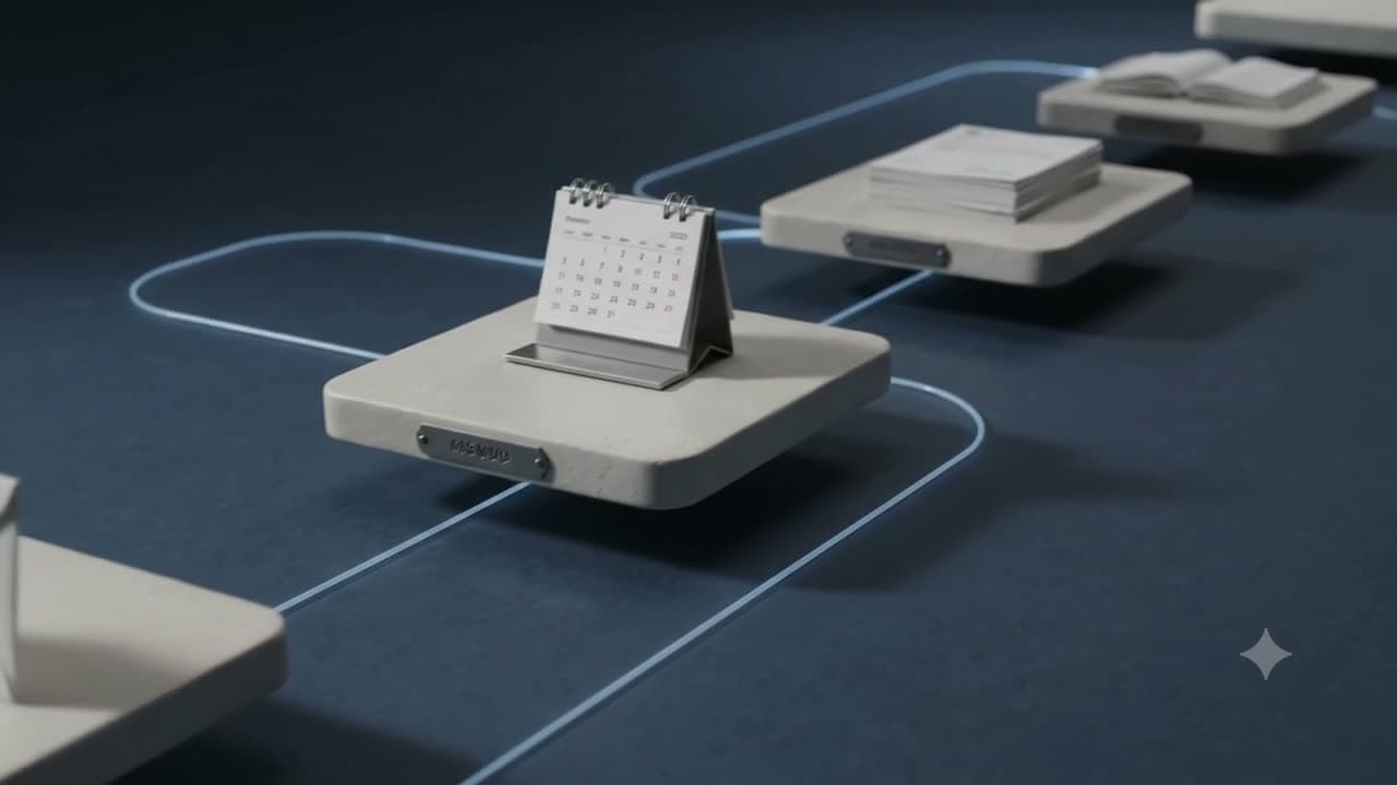 A desk calendar on a floating ceramic platform with an engraved plaque and a flowing light line